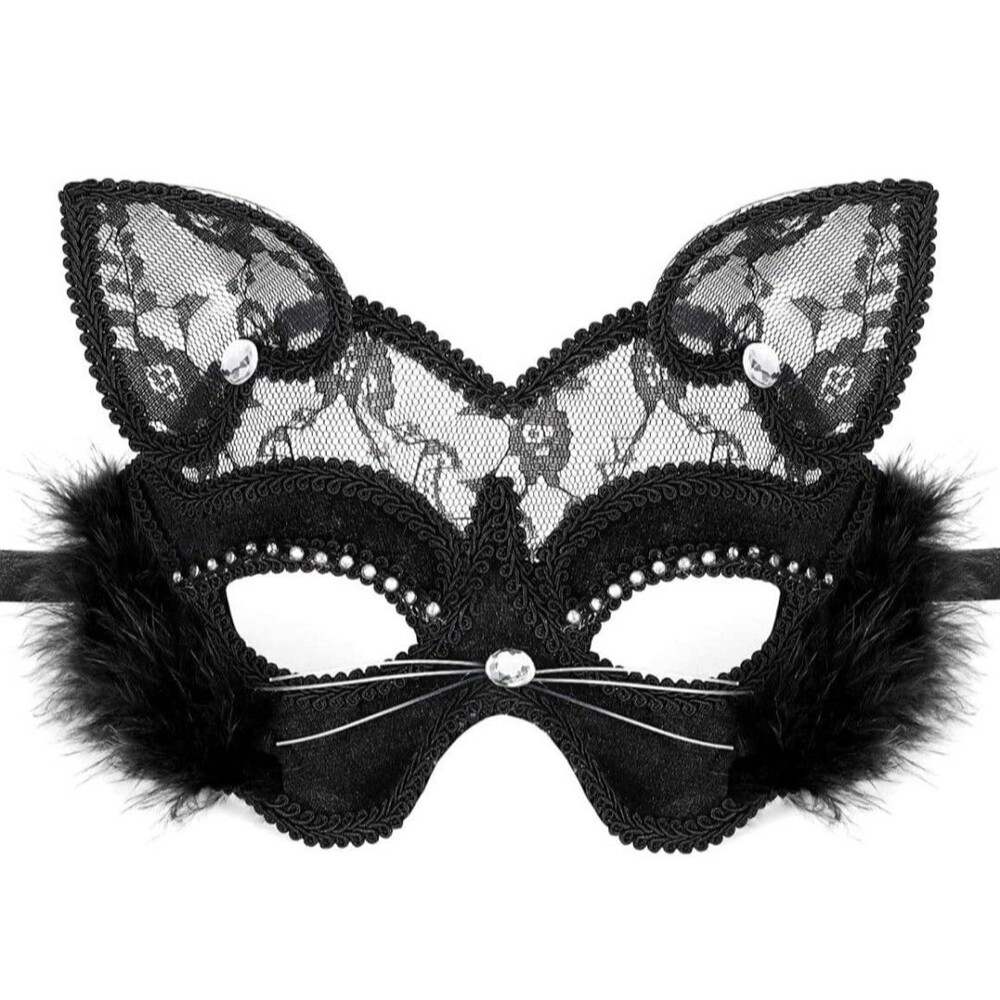 Mask And Headband Venetian Cat Masquerade Black Lace Rhinestones Dressy New
